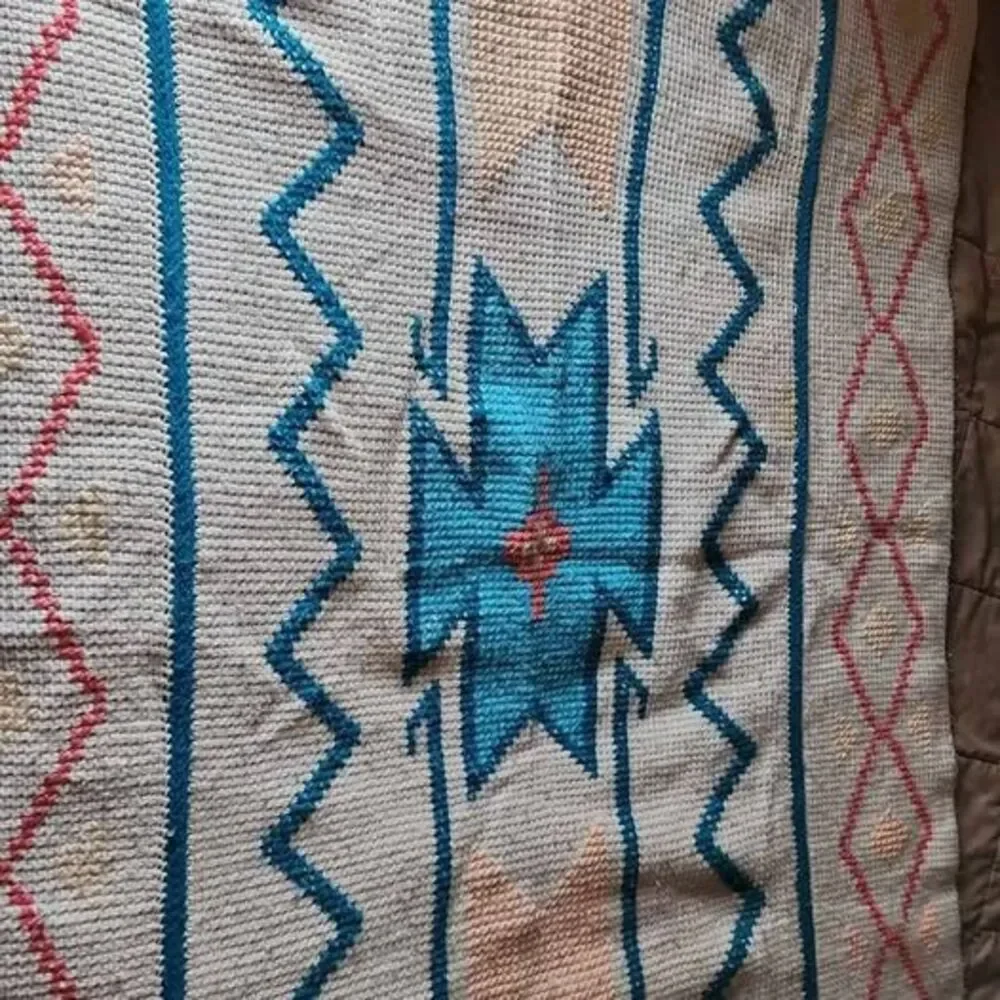 Vintage Handmade Southwestern Crochet Afghan Blanket Throw – Teal & Peach (42